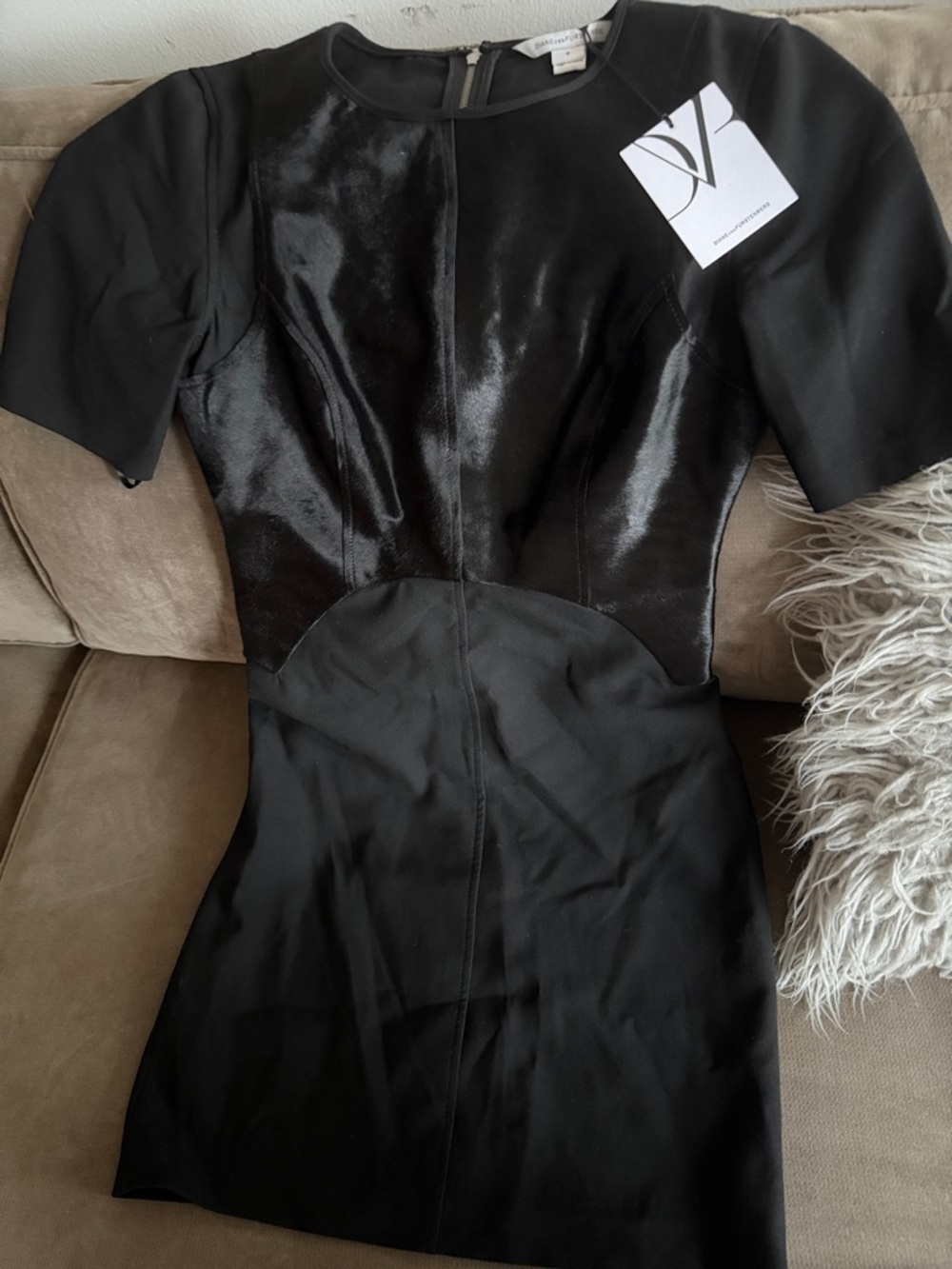 Diane Von Furstenberg Black Short Sleeve Mini Dress with Sheen Panels